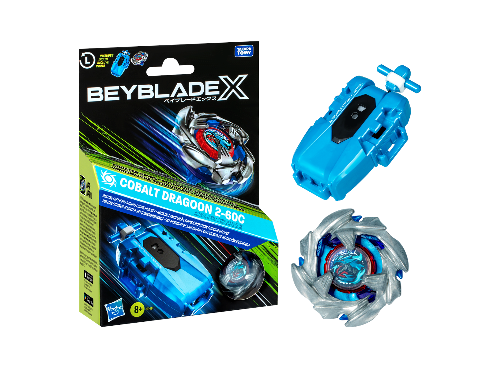 Beyblade X Cobalt Dragoon 2-60C Deluxe Left-Spin String Launcher Set
