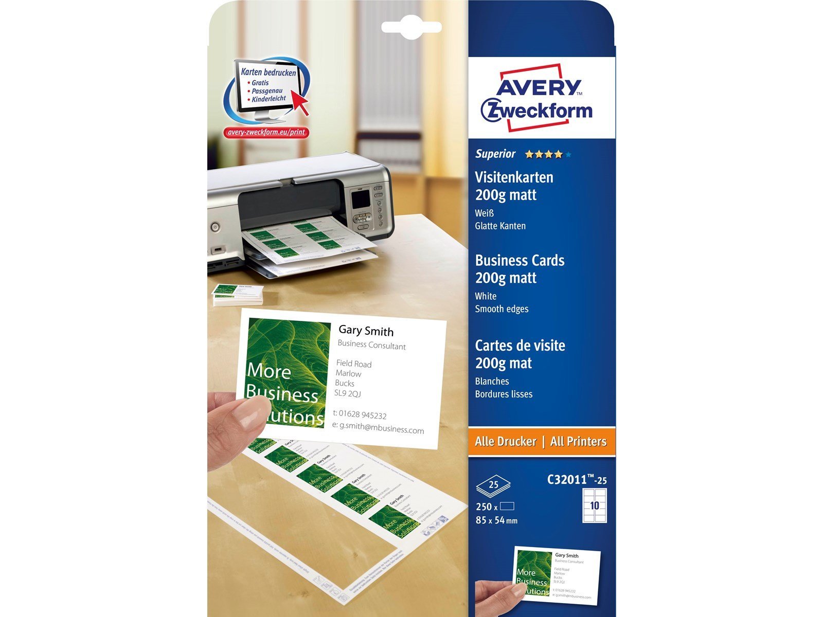 Avery Business cards white single-sided print 200g Quick & Clean™