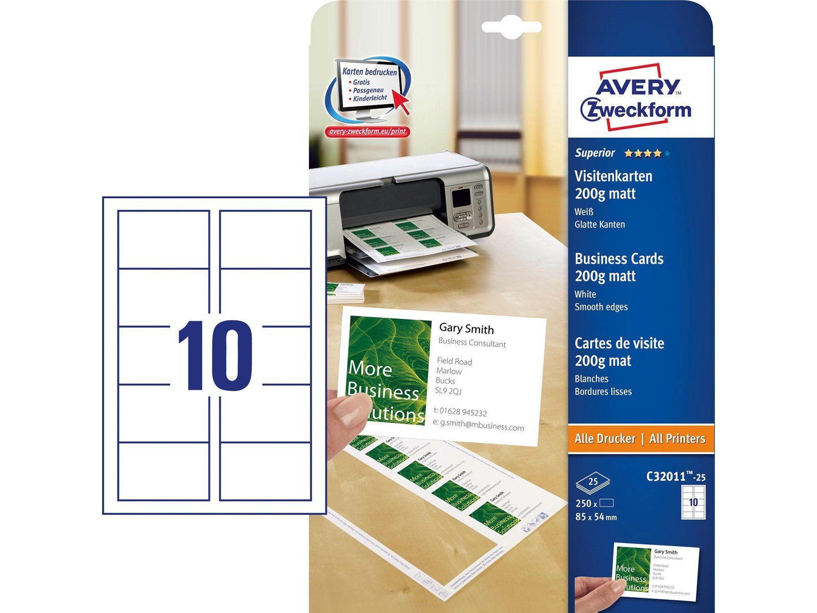 Avery Business cards white single-sided print 200g Quick & Clean™