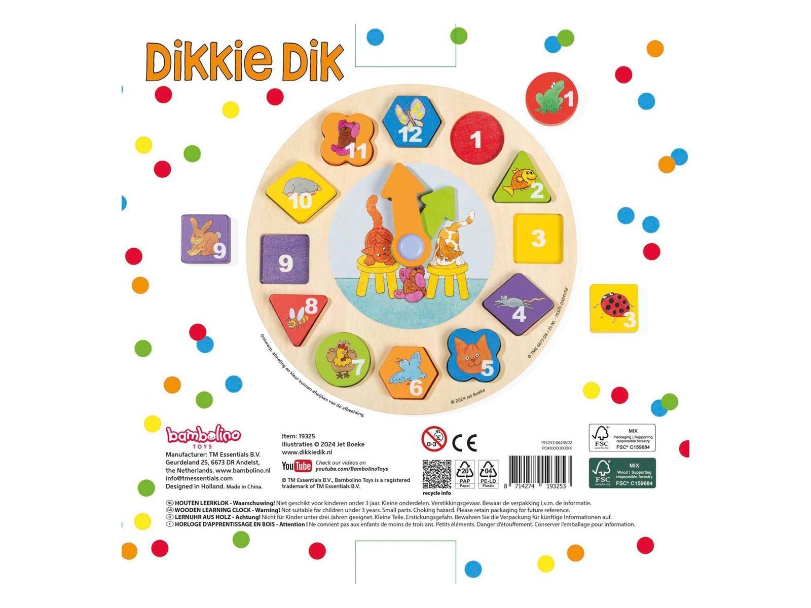Bambolino Toys - Dikkie Dik Wooden Learning Clock 12 pcs.