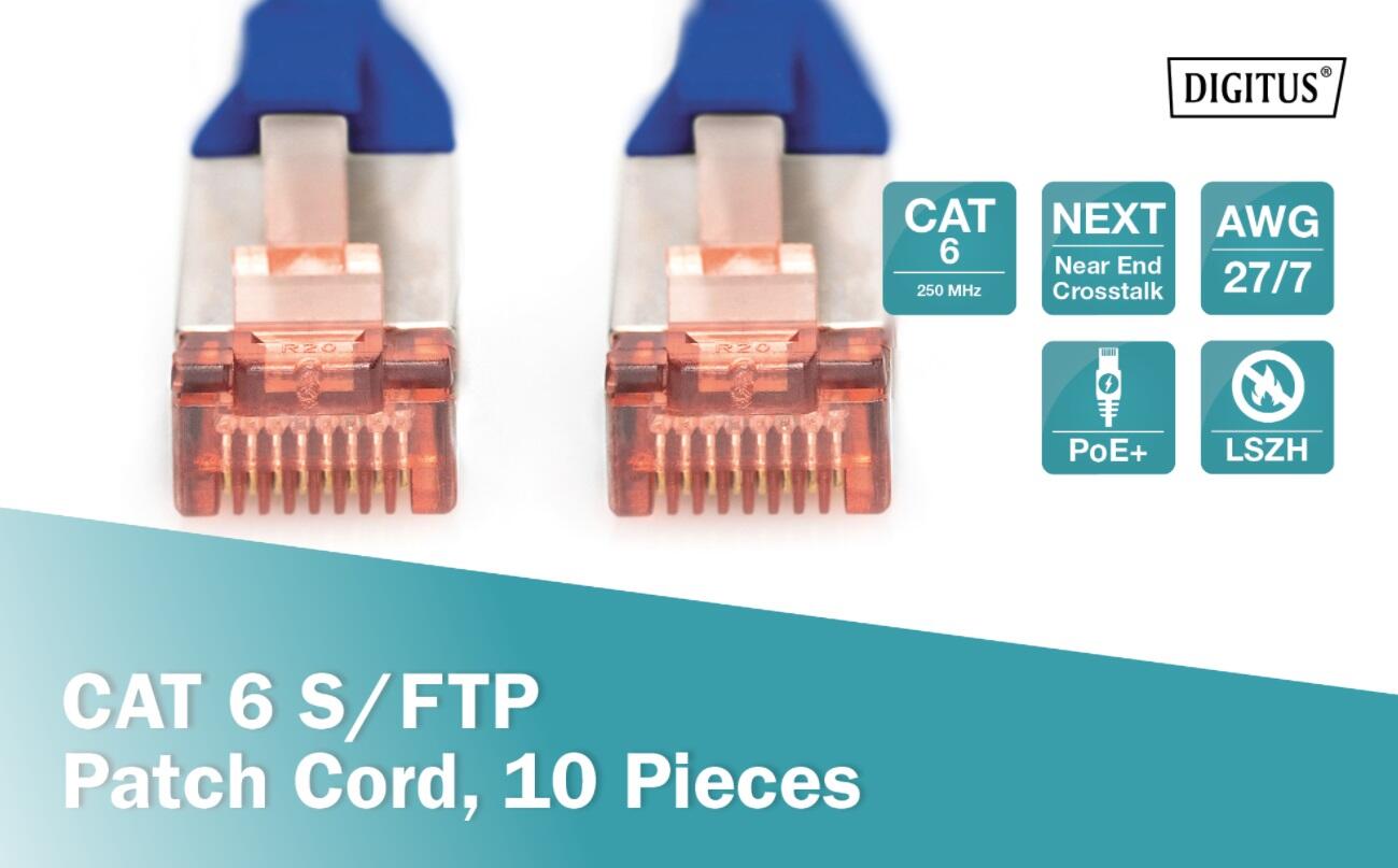 DIGITUS Professional CAT 6 S/FTP Patch-Kabel 0,25m RJ-45 (M) 10er Pack blau