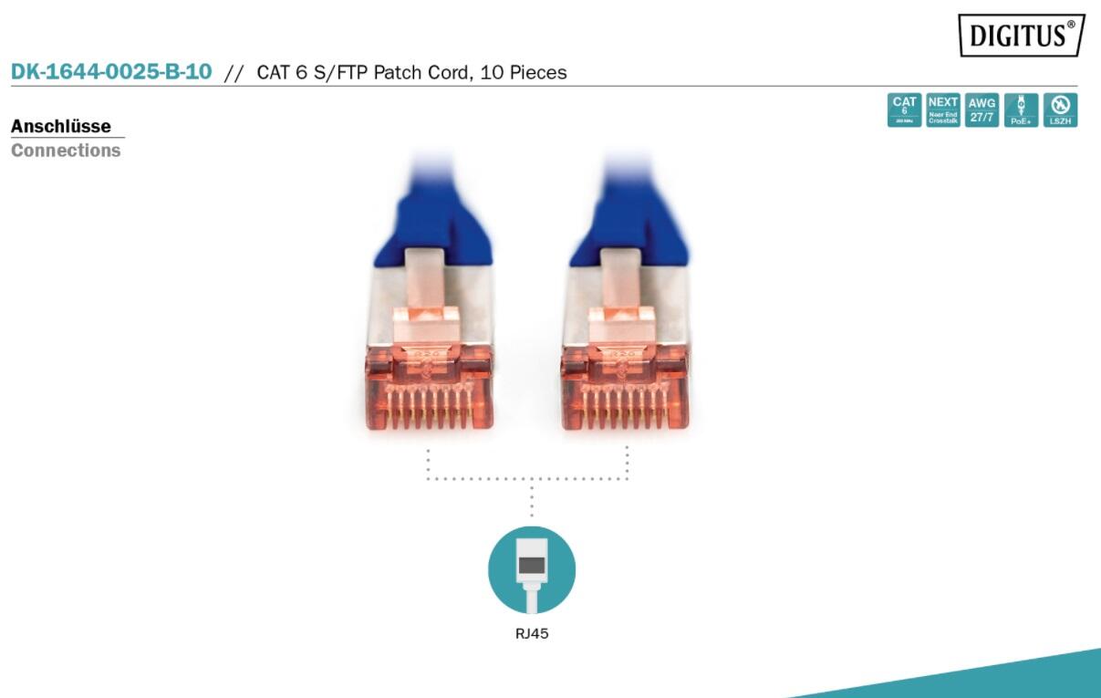 DIGITUS Professional CAT 6 S/FTP Patch-Kabel 0,25m RJ-45 (M) 10er Pack blau