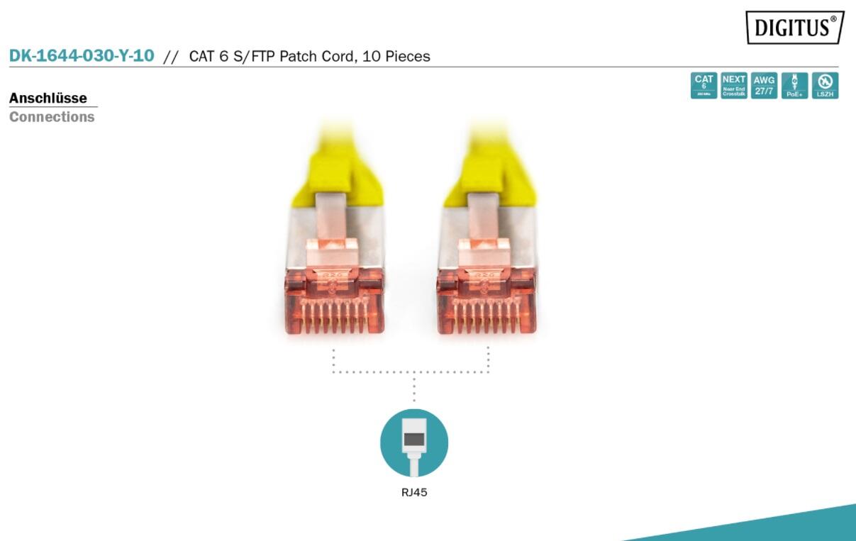 DIGITUS Professional CAT 6 S/FTP Patch-Kabel 3m RJ-45 (M) 10er Pack gelb