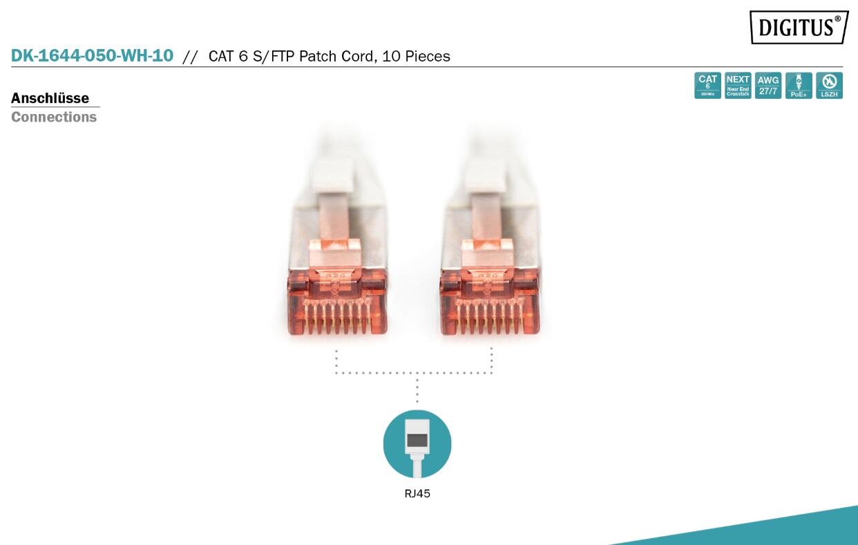DIGITUS Professional CAT 6 S/FTP Patch-Kabel 5m RJ-45 (M) 10er Pack Weiß