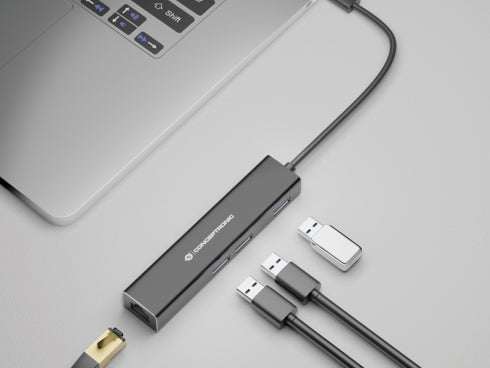 Adaptateur CONCEPTRONIC USB-C -&gt; RJ45 Gigabit, 3xUSB3.0 0,15 m sw