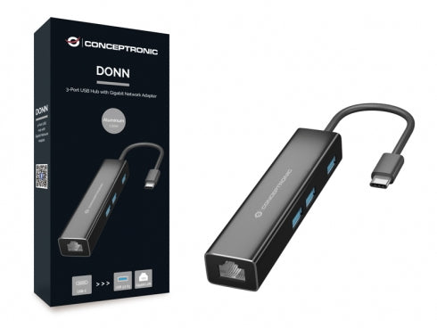 Adaptateur CONCEPTRONIC USB-C -&gt; RJ45 Gigabit, 3xUSB3.0 0,15 m sw