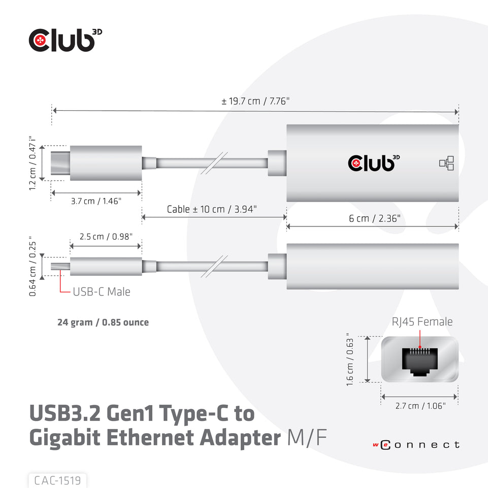 Club3D Adapter USB 3.2 Typ C > RJ-45 Gigabit LAN   St/Bu retail