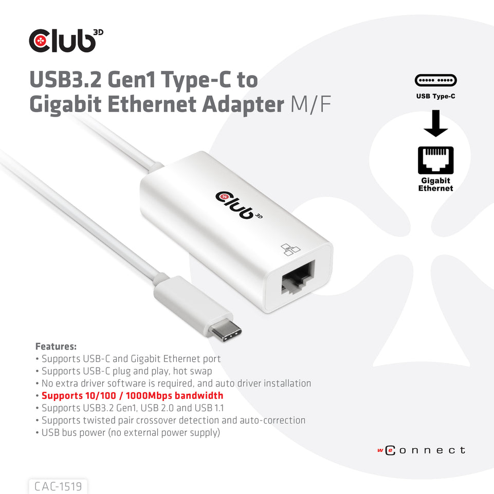 Club3D Adapter USB 3.2 Typ C > RJ-45 Gigabit LAN   St/Bu retail