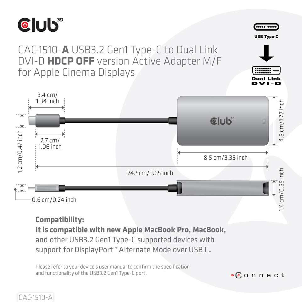 Club3D Adapter USB 3.2 Typ C > DVI-D  HDCP Off   aktiv St/Bu ret