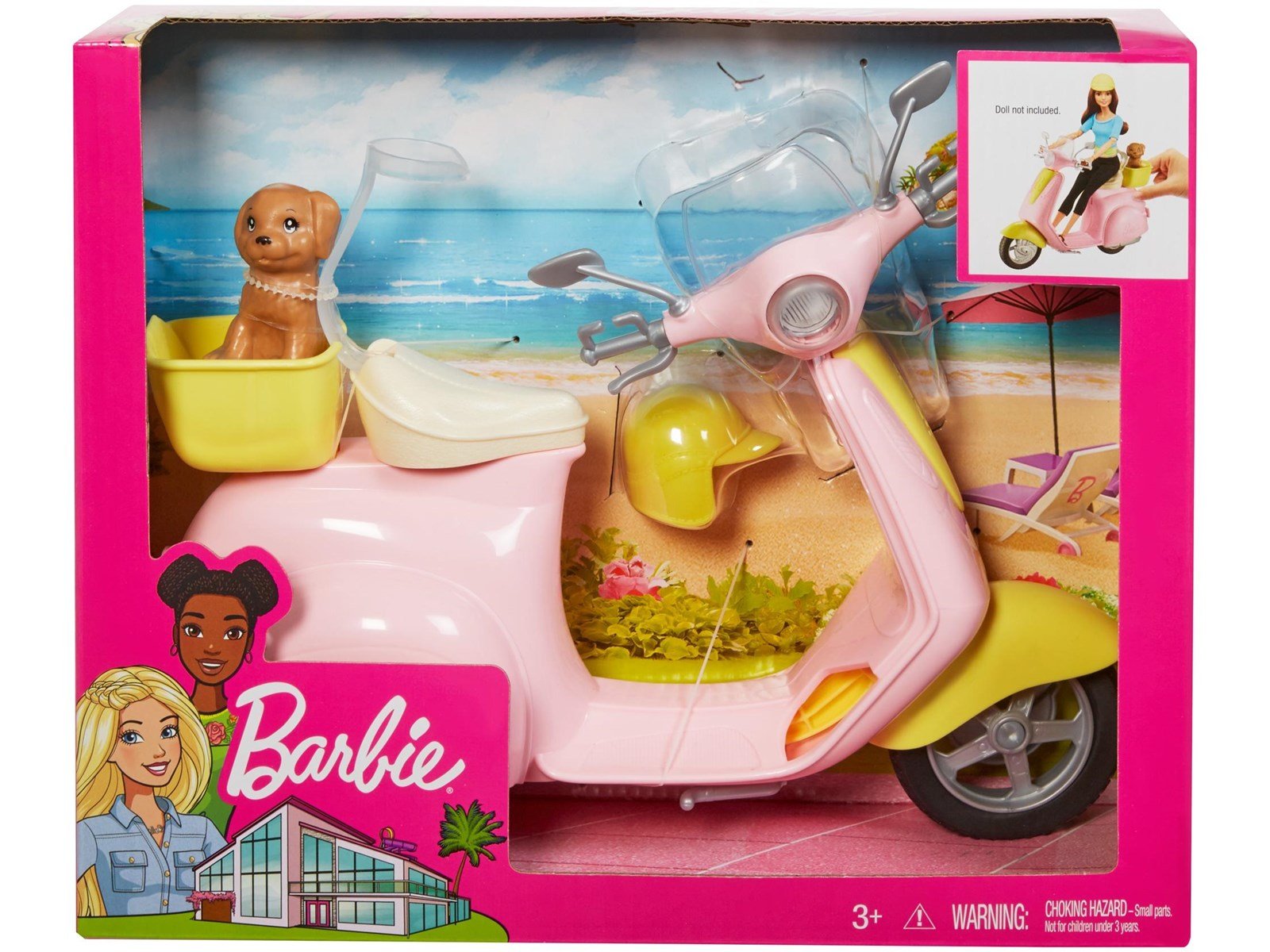 Barbie Pink & Yellow Scooter Moped With Puppy & Helmet