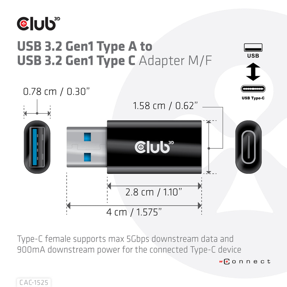 Club3D Adapter USB 3.2 Typ A <> USB 3.2 Typ C      St/Bu retail