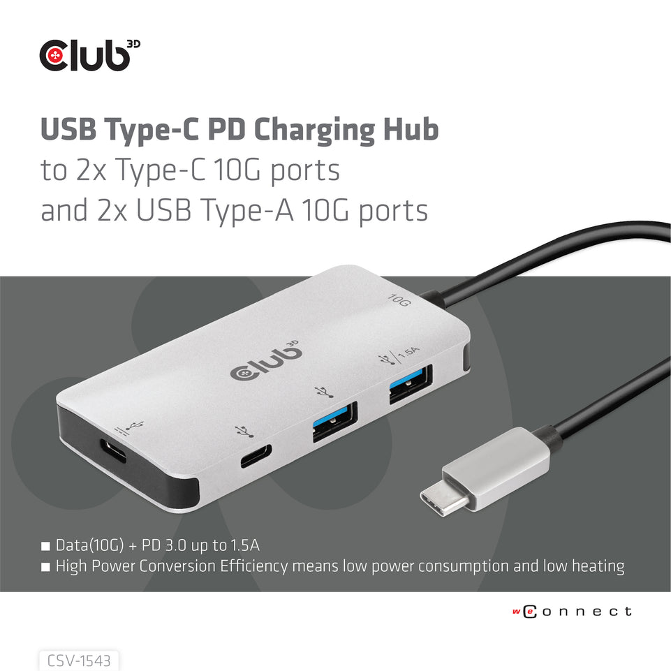 Club3D Adapter USB 3.1 Typ C > 2x USB C + 2x USB A Lade Hub reta