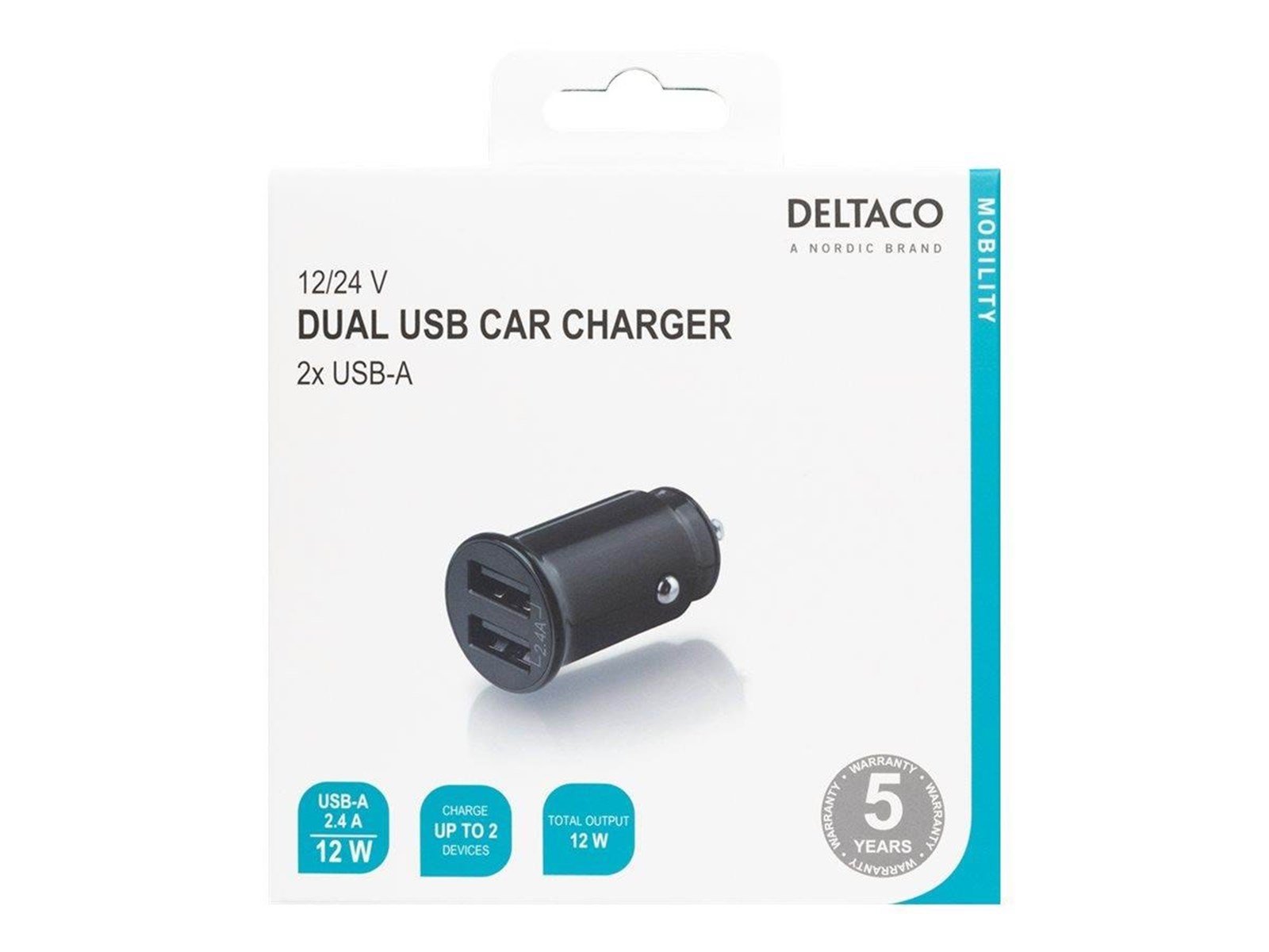 Deltaco 12/24 V USB car charger with compact size