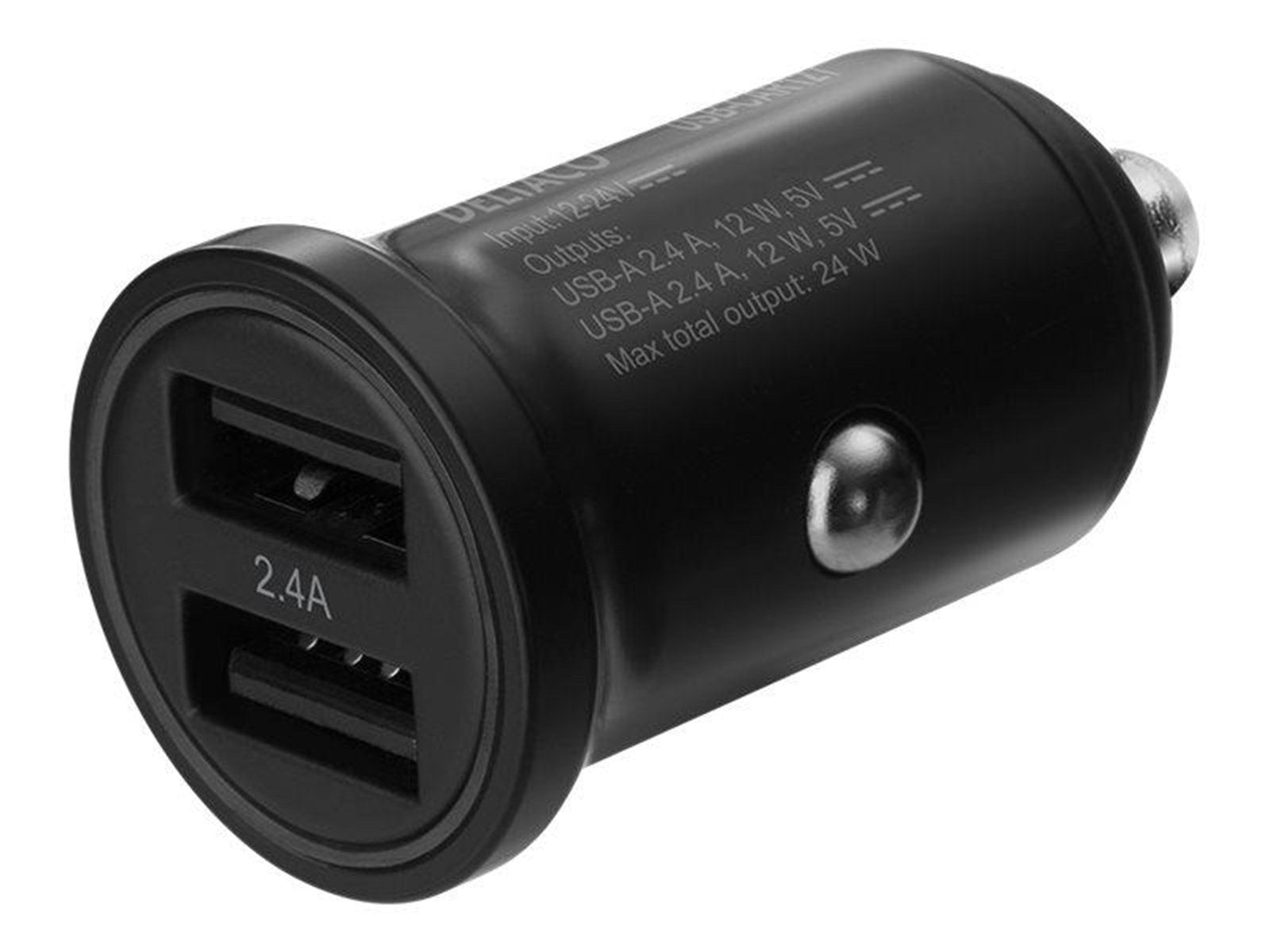 Deltaco 12/24 V USB car charger with dual USB-A po