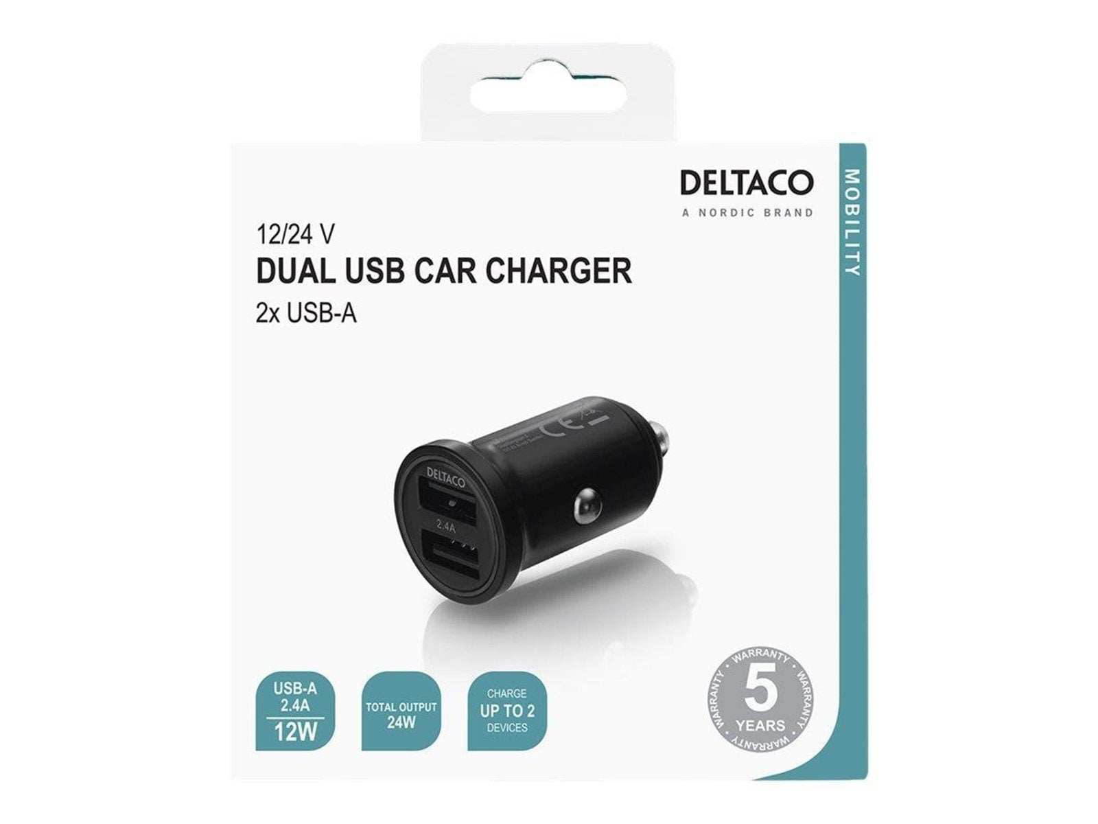 Deltaco 12/24 V USB car charger with dual USB-A po