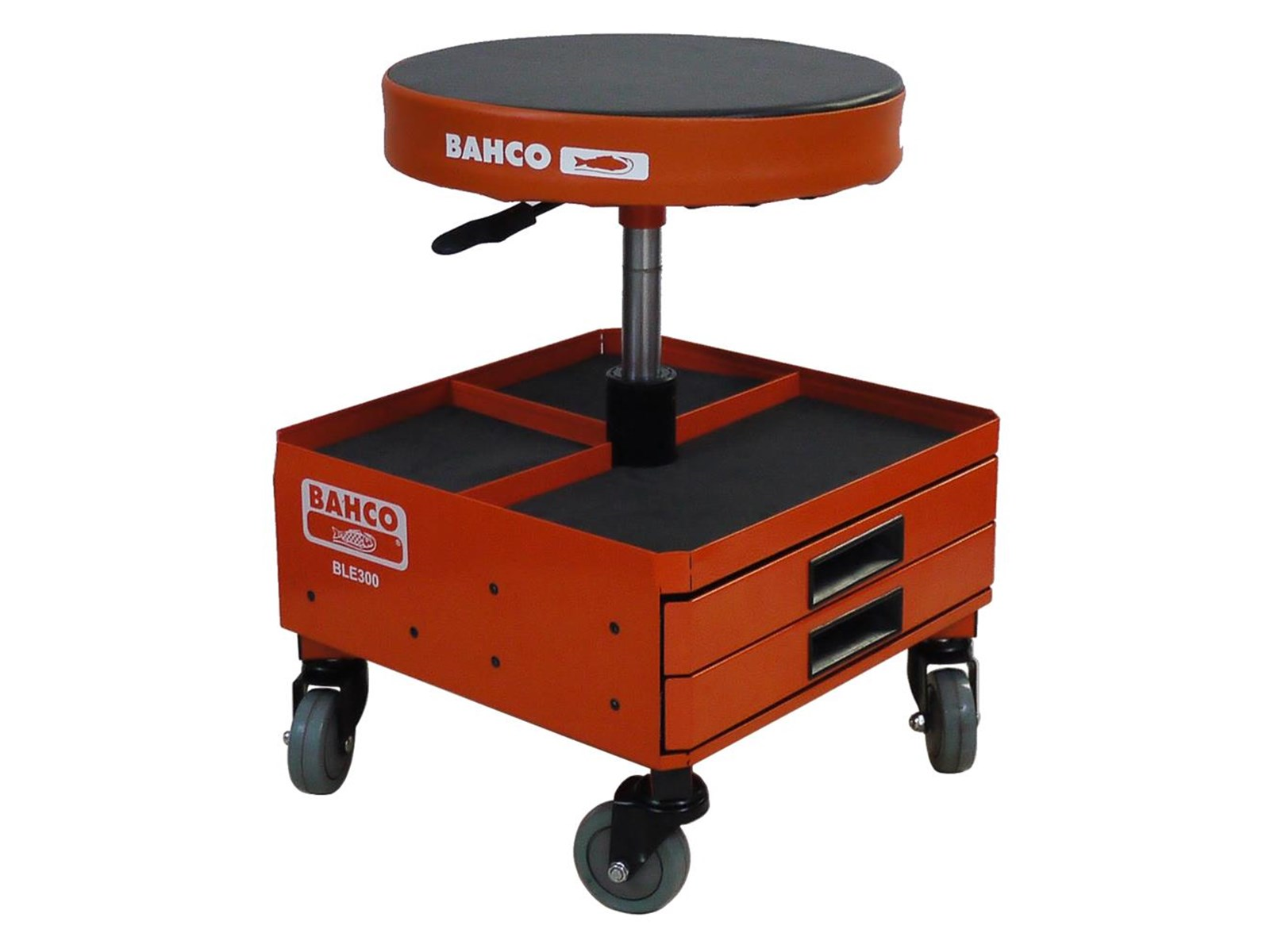 BAHCO Cushioned pneumatic stool with easy-to-reach storage drawers and trays for tools and parts