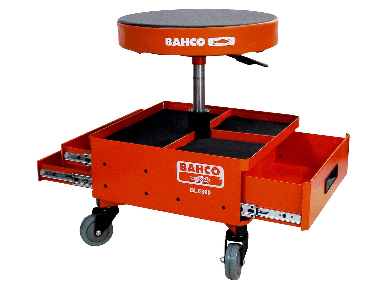 BAHCO Cushioned pneumatic stool with easy-to-reach storage drawers and trays for tools and parts