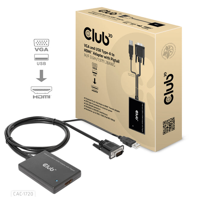 Club3D Adapter VGA + USB-A > HDMI       0,6m     St/Bu retail