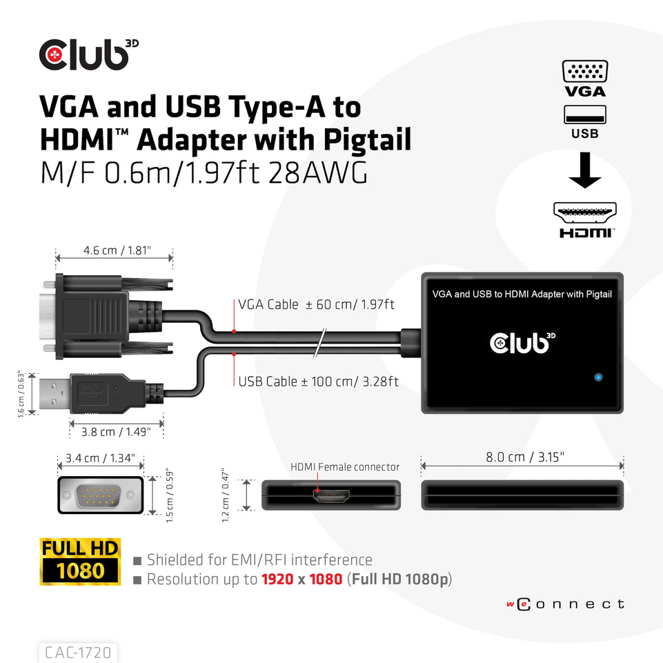 Club3D Adapter VGA + USB-A > HDMI       0,6m     St/Bu retail