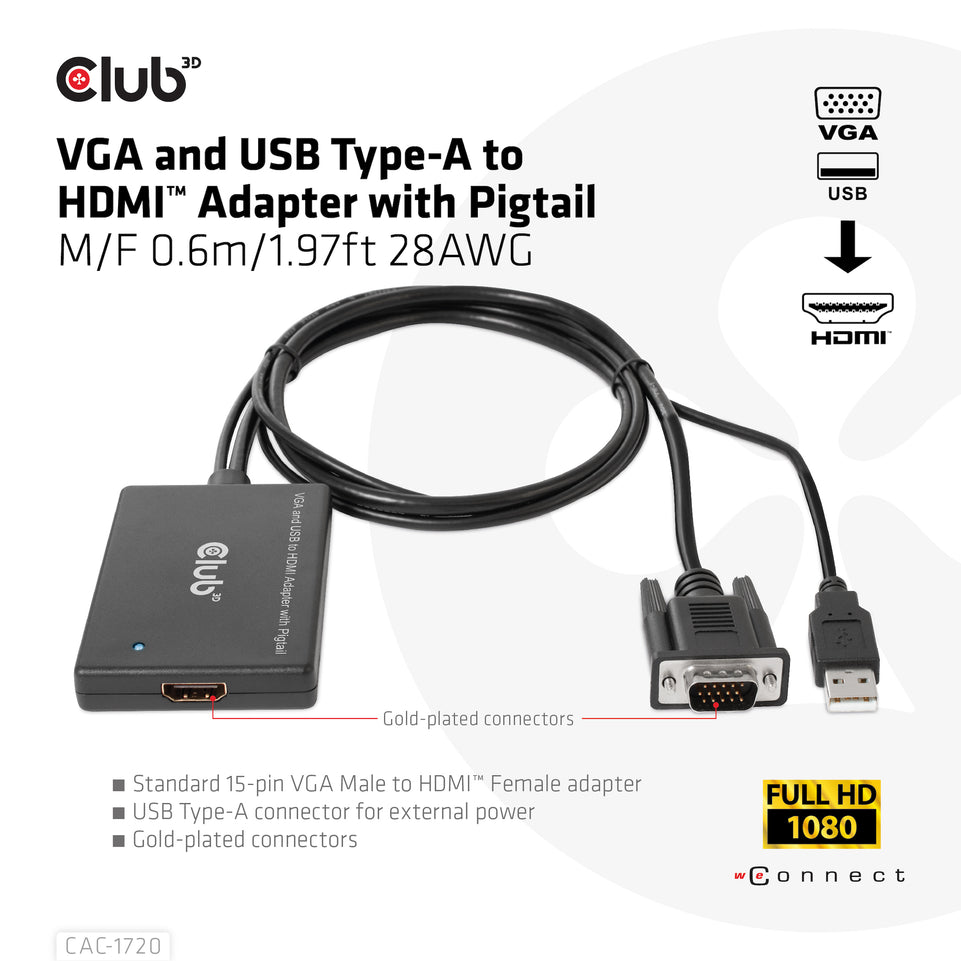 Club3D Adapter VGA + USB-A > HDMI       0,6m     St/Bu retail