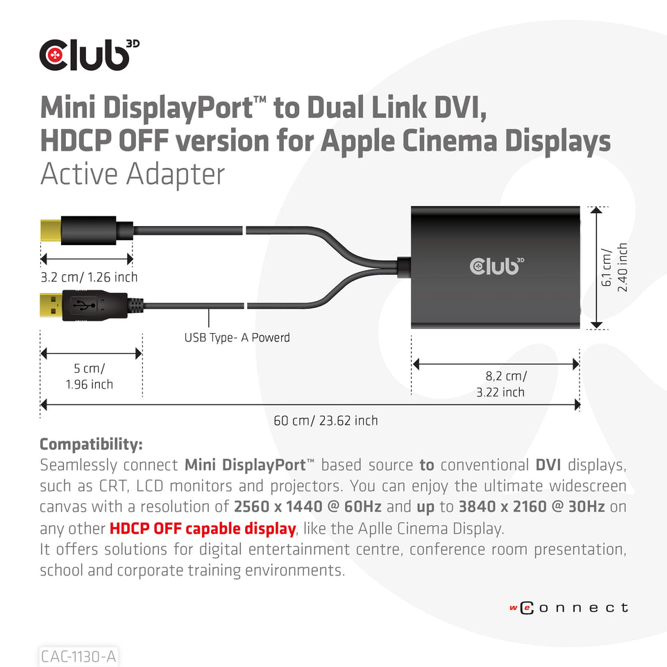 Club3D Adapter MiniDisplayport > DVI DualLink HDCP Off St/Bu ret