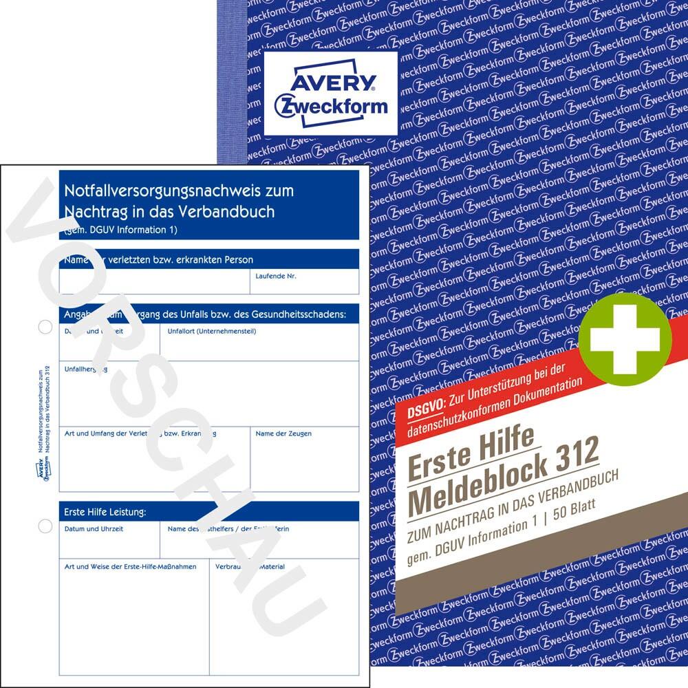 AVERY Zweckform Erste Hilfe Meldeblock Formularbuch 312 - 1 x 50 Blatt