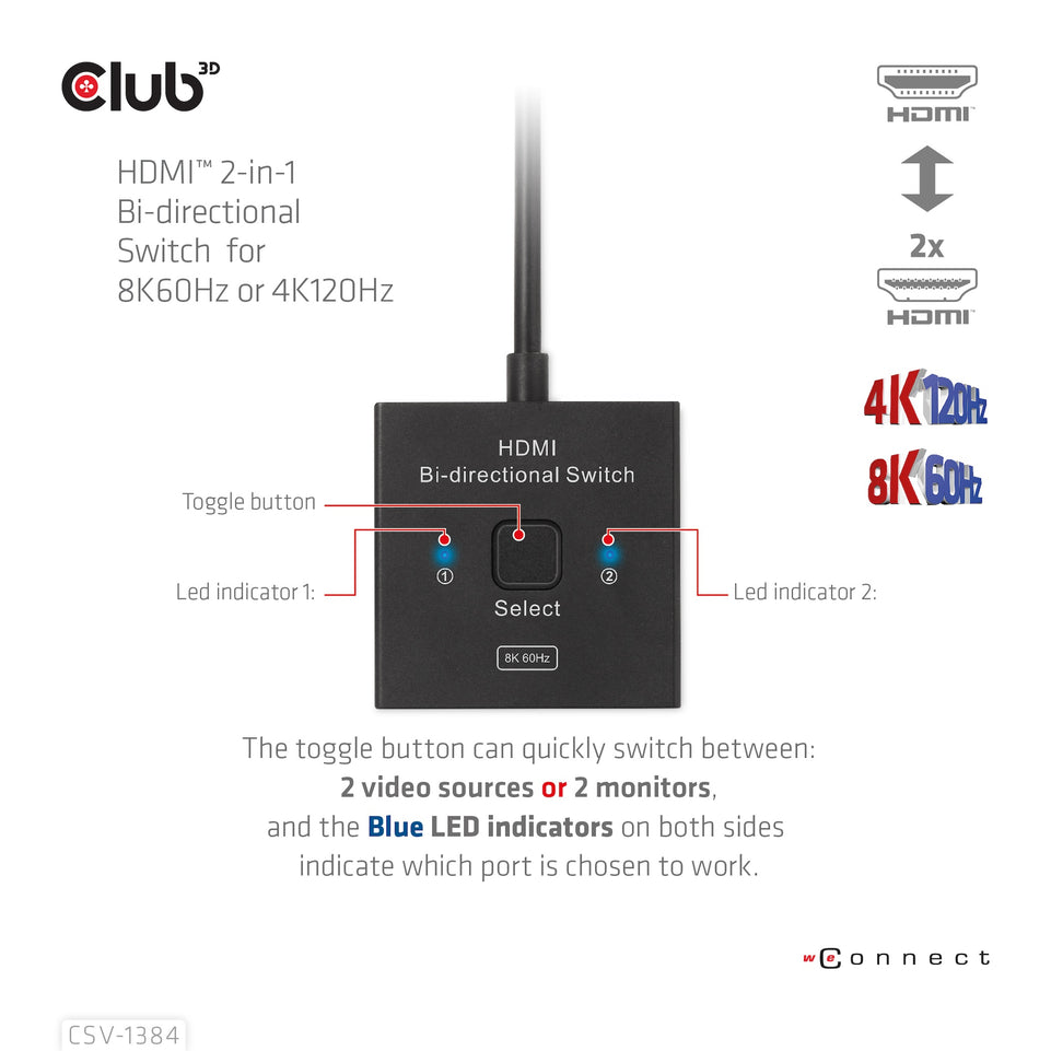 Club3D HDMI Switch 2-in-1 bidirektional   8K60Hz/4K120Hz UHD ret