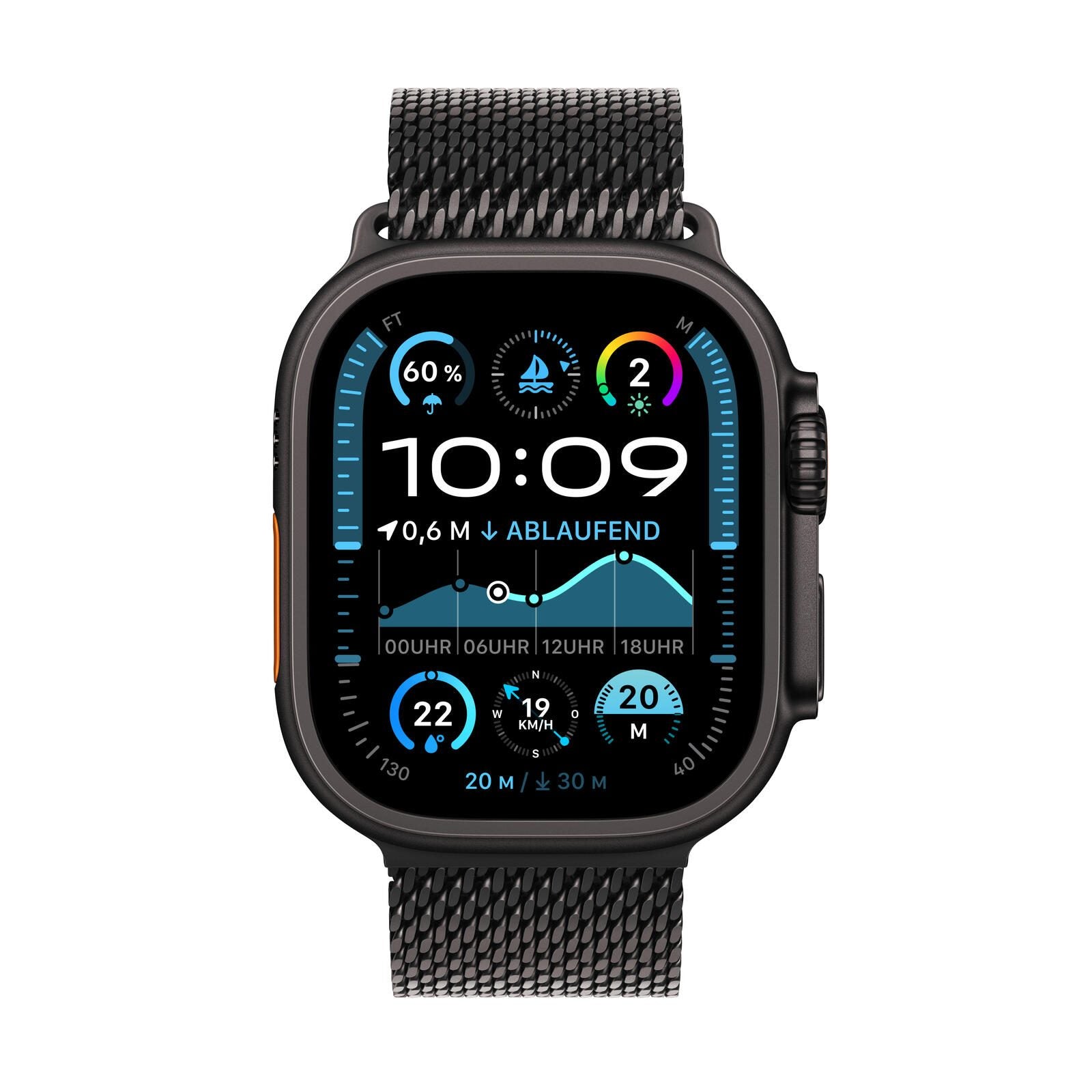 Apple Watch Ultra 2 Titanium (Cellular) 49mm Titaniumgehäuse schwarz, Milanaise Titan Armband schwarz (S)