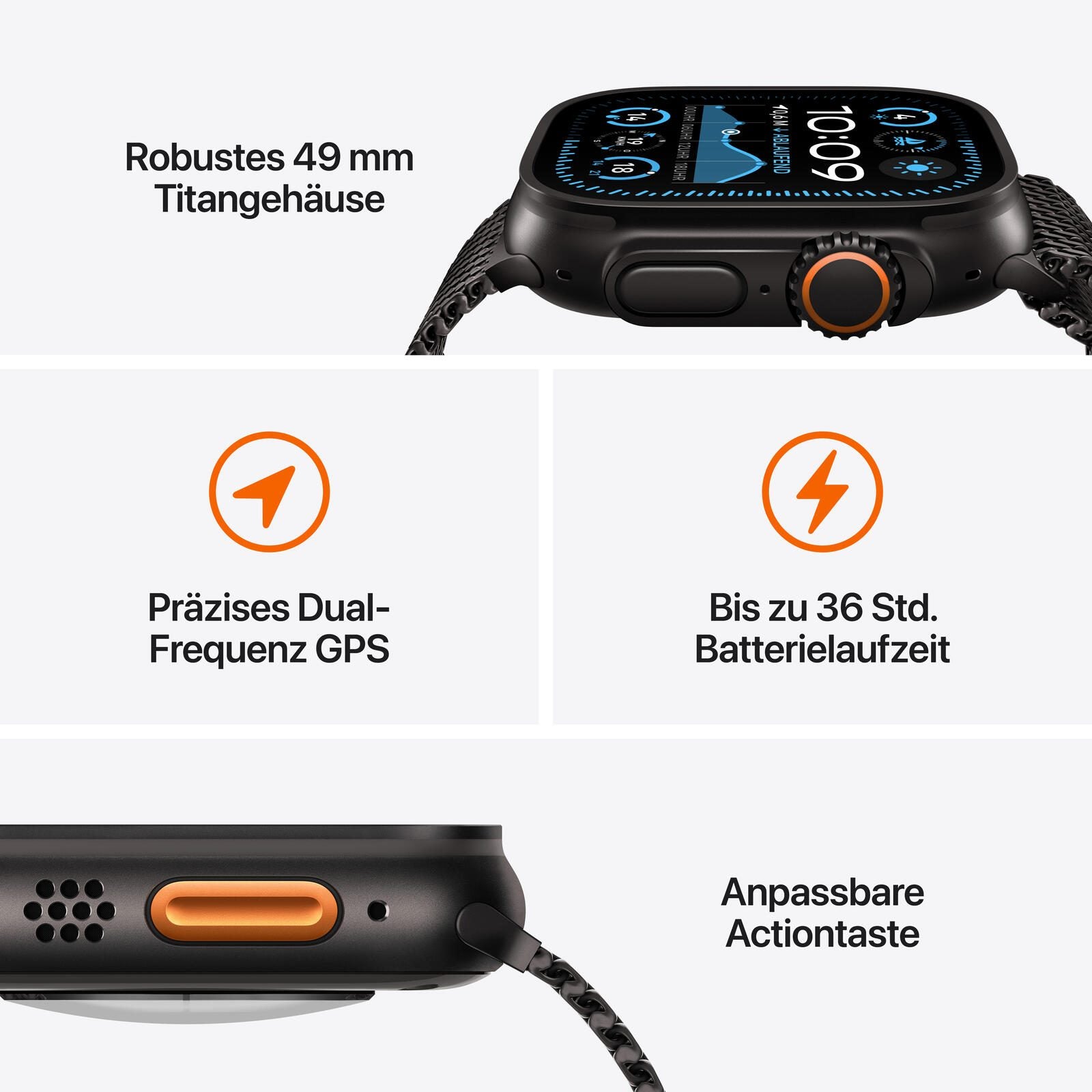 Apple Watch Ultra 2 Titanium (Cellular) 49mm Titaniumgehäuse schwarz, Milanaise Titan Armband schwarz (S)