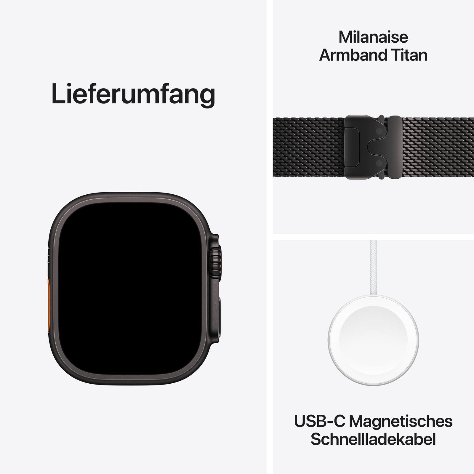 Apple Watch Ultra 2 Titanium (Cellular) 49mm Titaniumgehäuse schwarz, Milanaise Titan Armband schwarz (S)