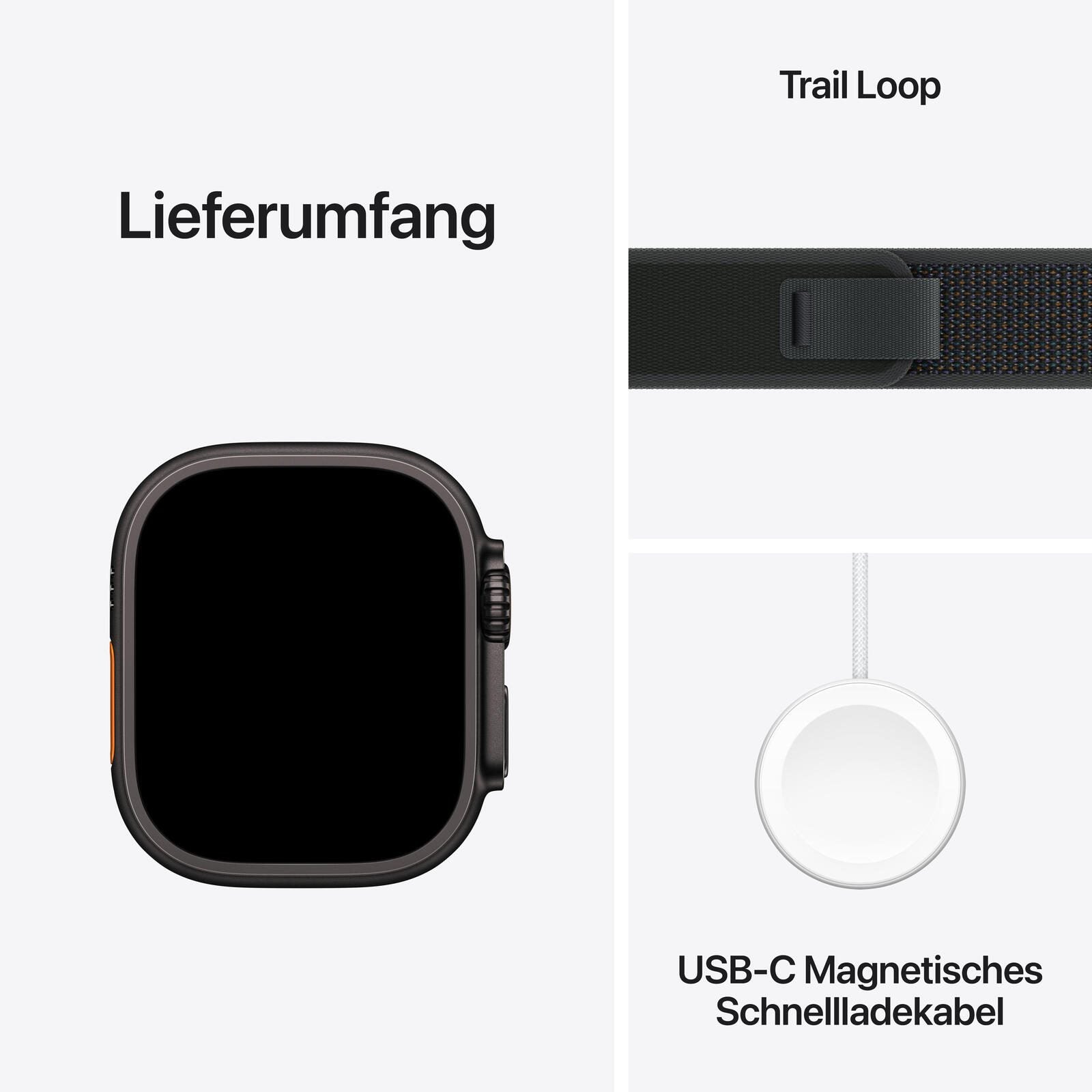 Apple Watch Ultra 2 Titanium (Cellular) 49mm Titaniumgehäuse schwarz, Trail Loop Armband schwarz (M/L)