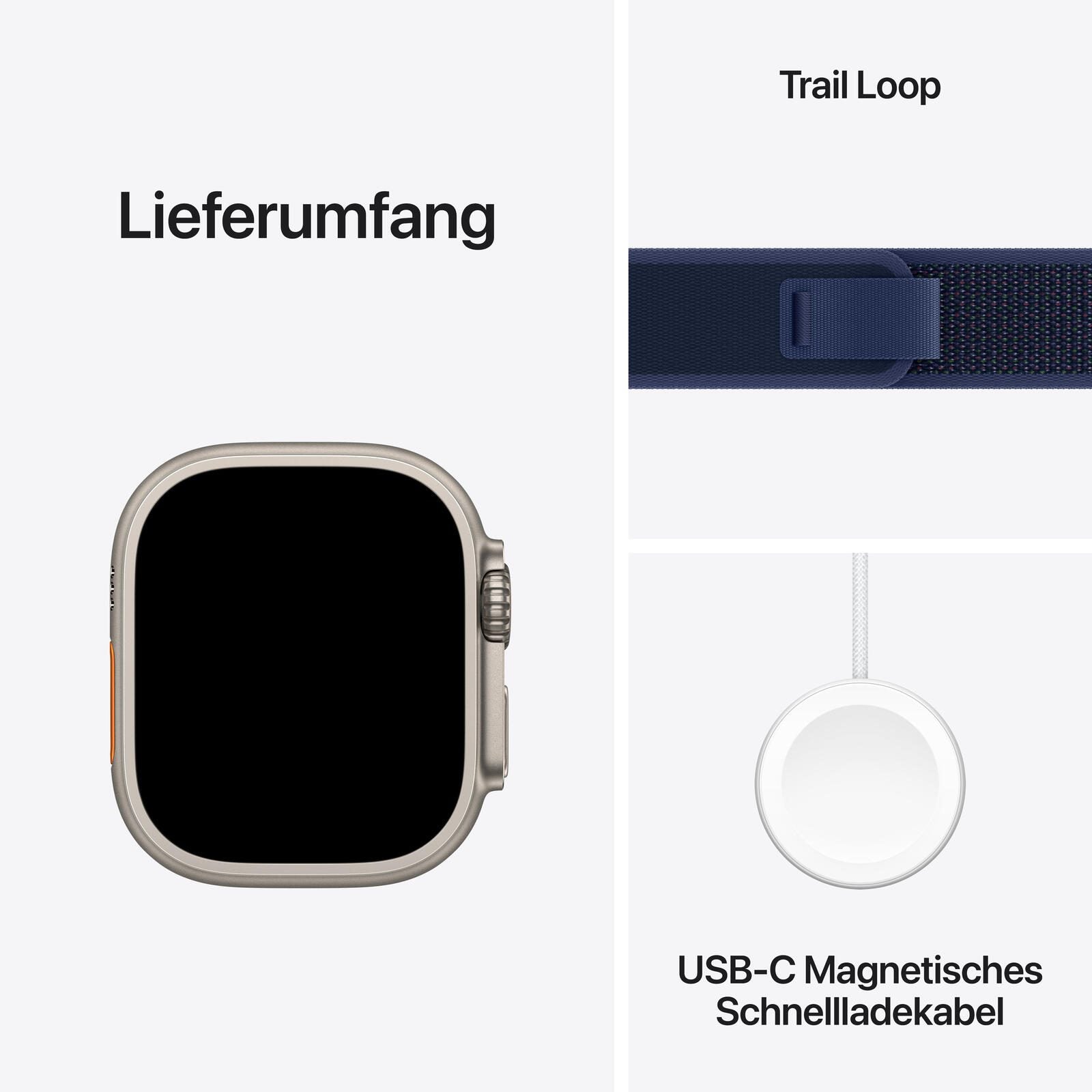 Apple Watch Ultra 2 Titanium (Cellular) 49mm Titaniumgehäuse natur, Trail Loop Armband blau (S/M)