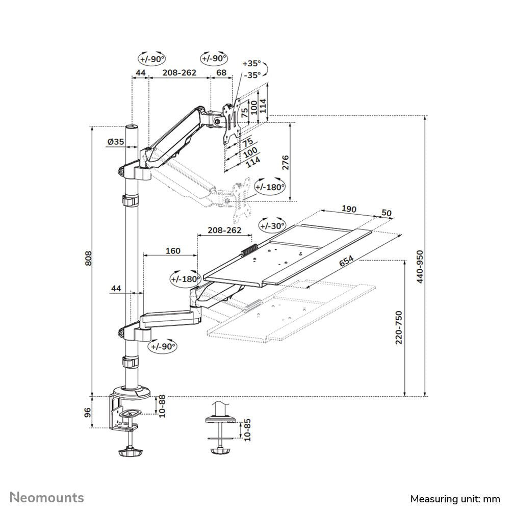 Neomounts DS90-325BL1 höhenverstellbarer, tischmontierter Arbeitsplatz für 17-32' Bildschirme, Tastatur und Maus - Schwa