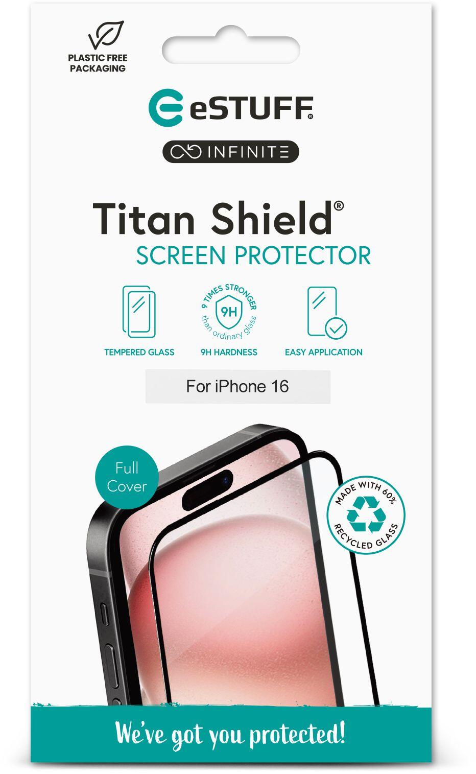 eSTUFF INFINITE iPhone 16 Full Cover Screen Protector. Titan Shield®