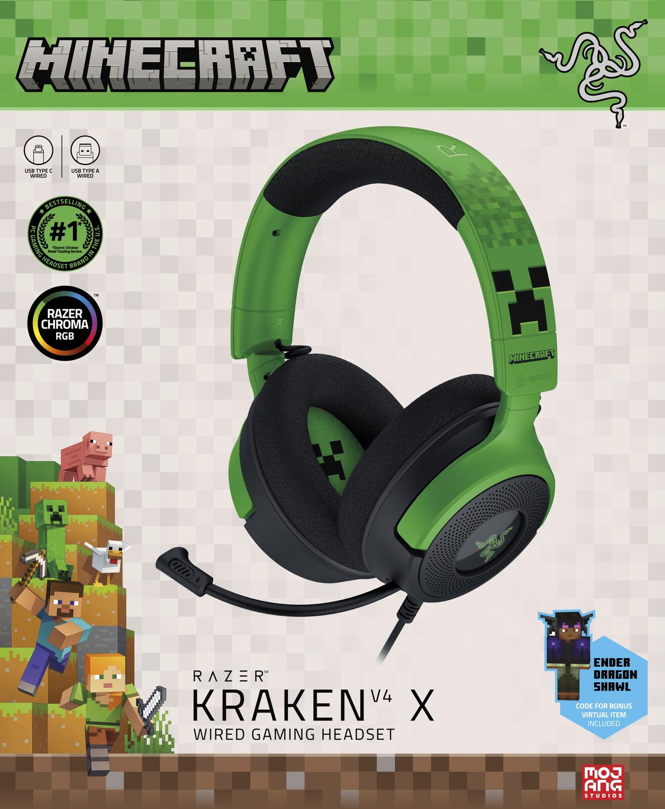 Razer Kraken V4 X kabelgebundenes Gaming-Headset- Minecraft Edition