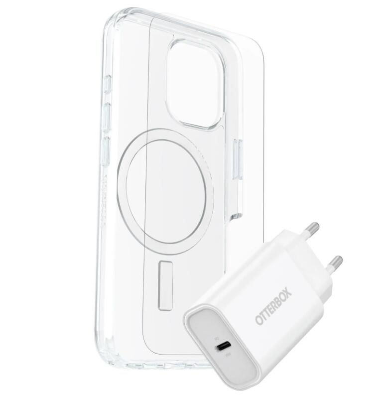 OtterBox KIT Apple iPhone 16 (Symmetry Clear MagSafe / Premium Glass / UK USB-C Wall Charger 30W - white)