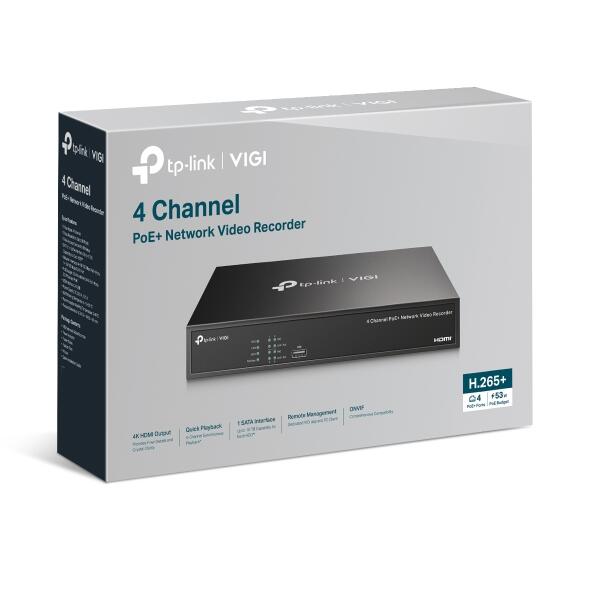 TP-Link VIGI NVR1004H-4P 4 Kanal Netzwerk Video Recorder, 1x bis zu 10TB SATA HDD intern montierbar