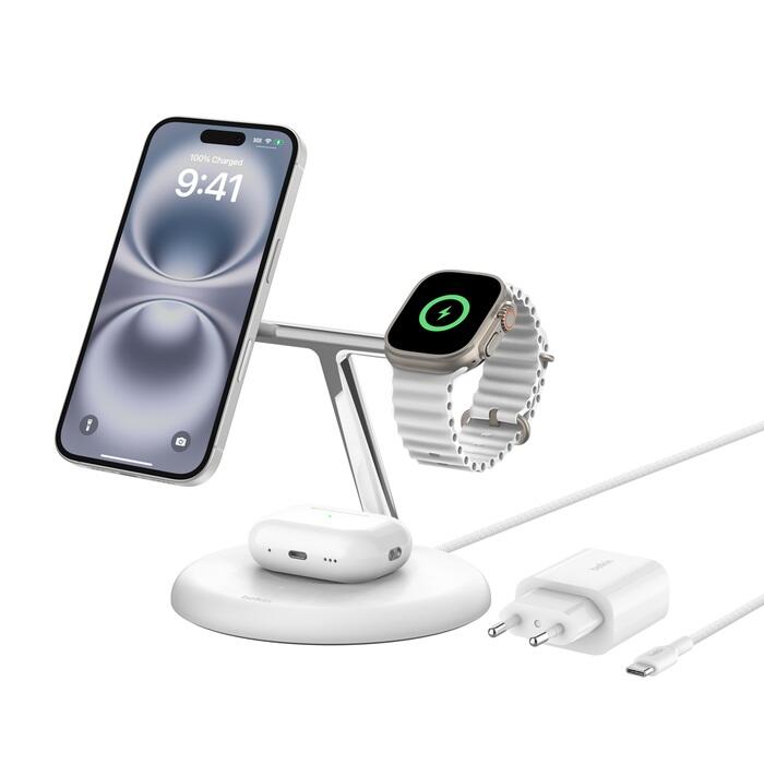 Belkin BoostCharge Pro kabellose magnetische 3-in-1 Ladestation mit Qi2 (15 W), weiß
