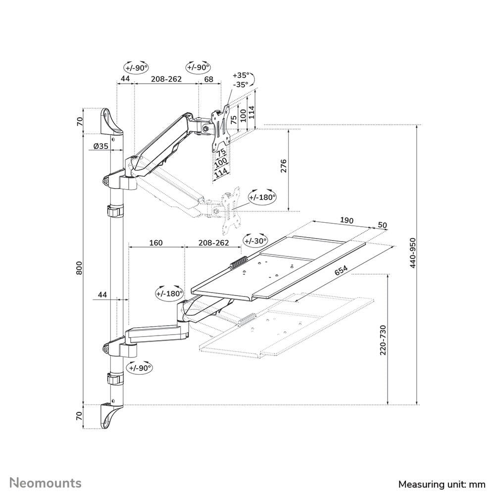 Neomounts WL90-325BL1 höhenverstellbarer, wandmontierter Arbeitsplatz für 17-32' Bildschirme, Tastatur und Maus - Schwar