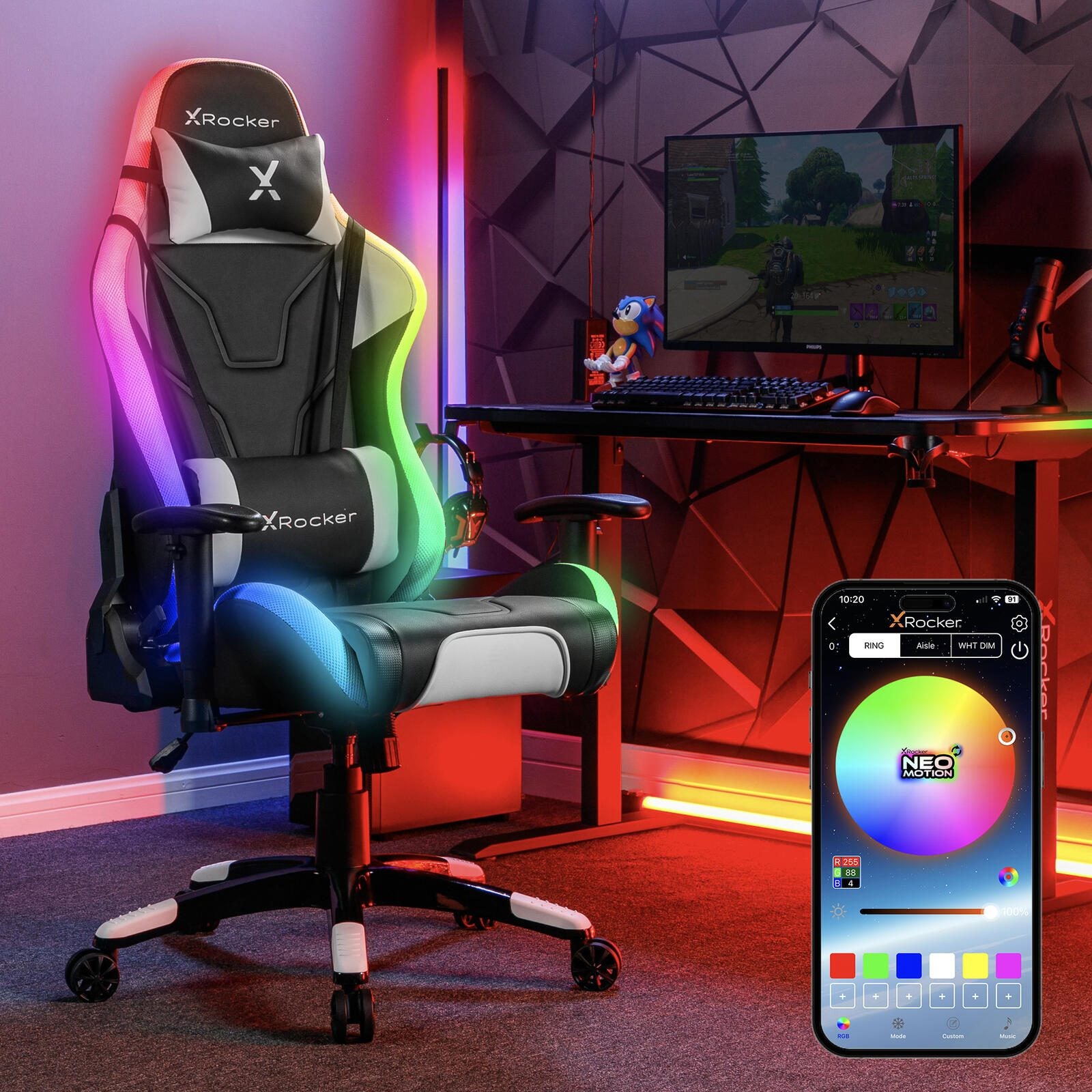 B-WARE X Rocker Agility eSports Gaming-Bürodrehstuhl mit LED-Beleuchtung & App-Steuerung - schwarz/weiß