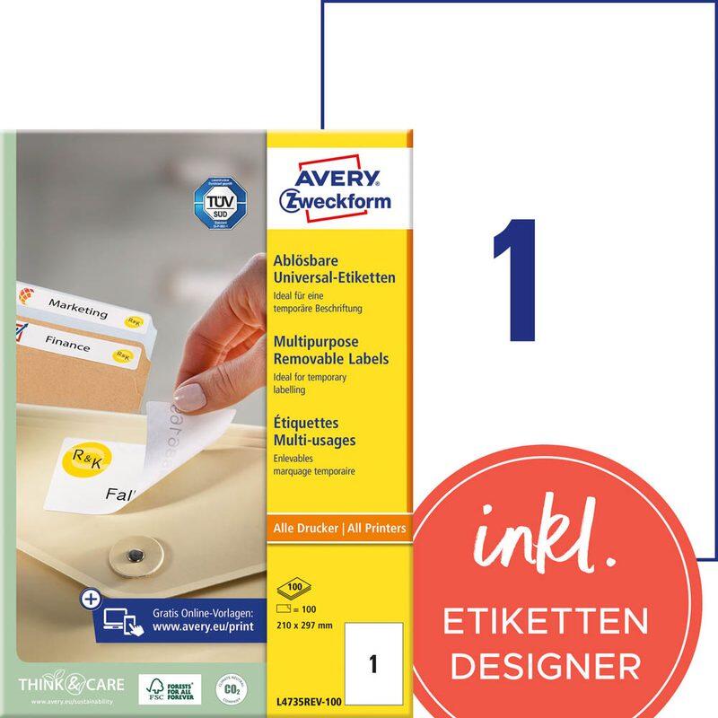 AVERY Zweckform Etiketten L4735REV-100 weiß 210,0 x 297,0 mm