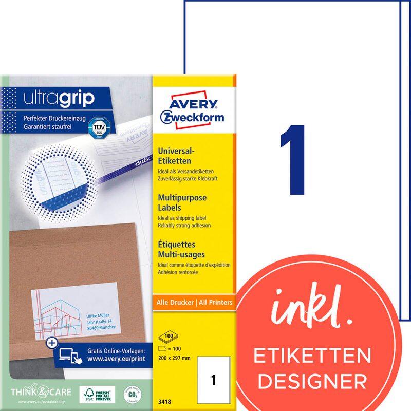 AVERY Zweckform Etiketten 3418 weiß 200,0 x 297,0 mm