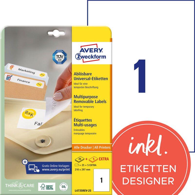 AVERY Zweckform Etiketten L4735REV-25 weiß 210,0 x 297,0 mm