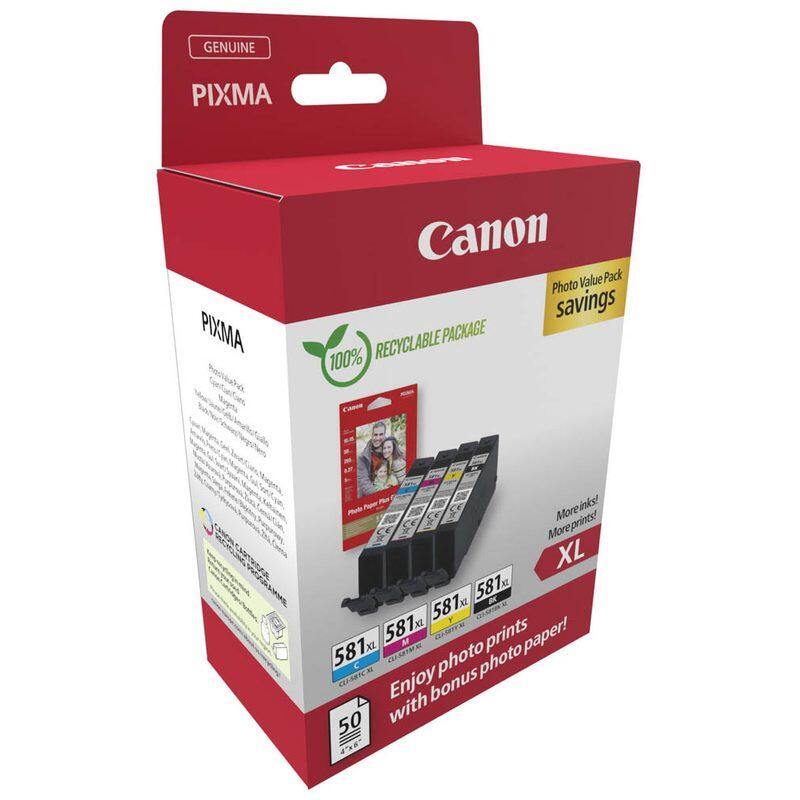 Canon Original CLI-581XL Druckerpatronen Value Pack - 1 x schwarz / je 1 x CMY + 50 Blatt Fotopapier (2052C006)
