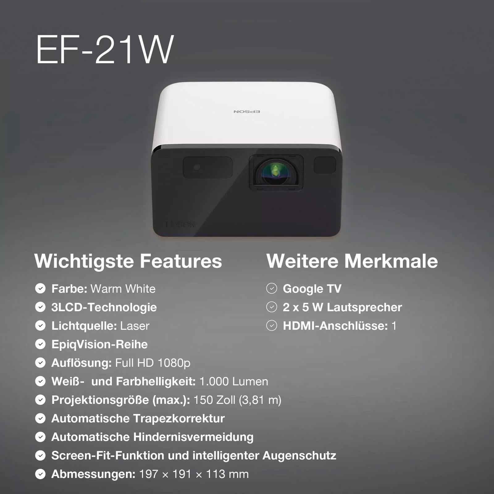 Epson EF-21W Mini-TV Laser Beamer 1.000 Lumen
