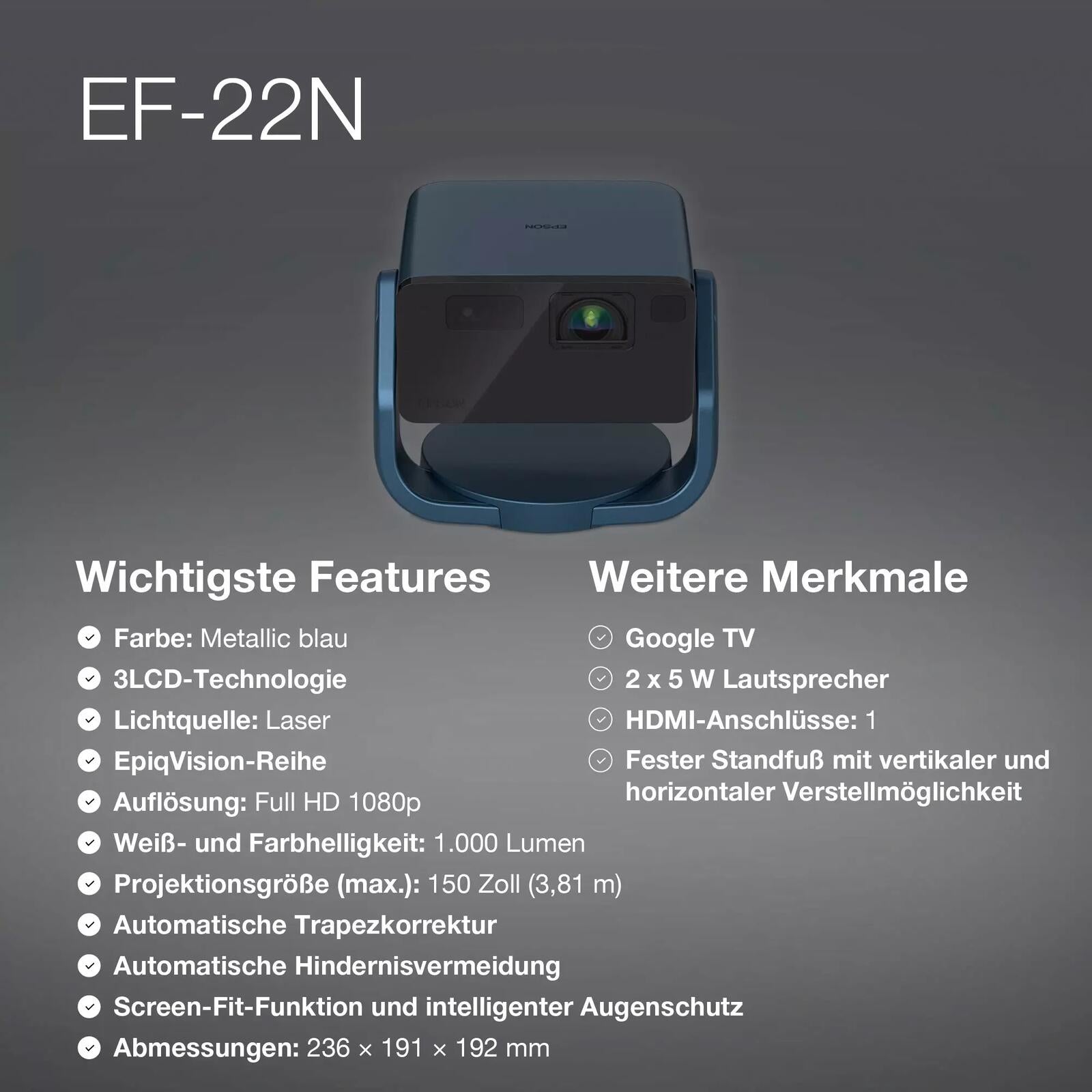 Epson EF-22N Mini-TV Laser Beamer 1.000 Lumen