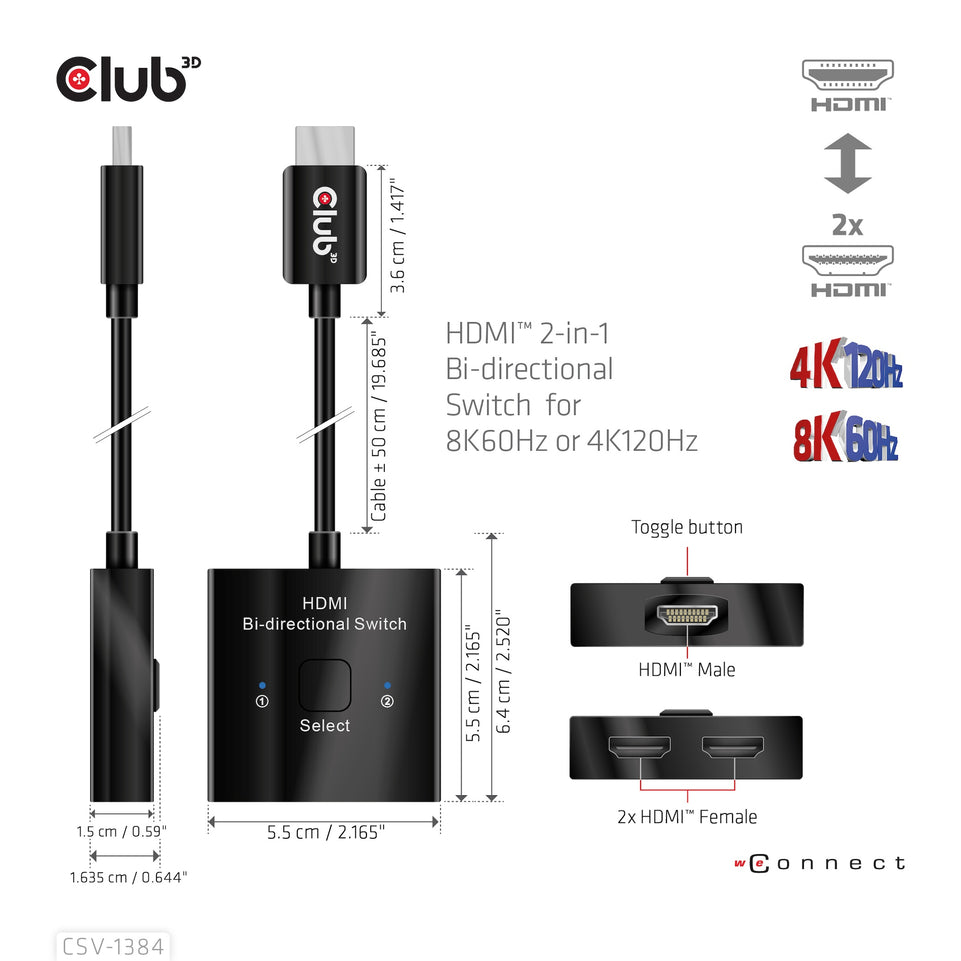 Club3D HDMI Switch 2-in-1 bidirektional   8K60Hz/4K120Hz UHD ret