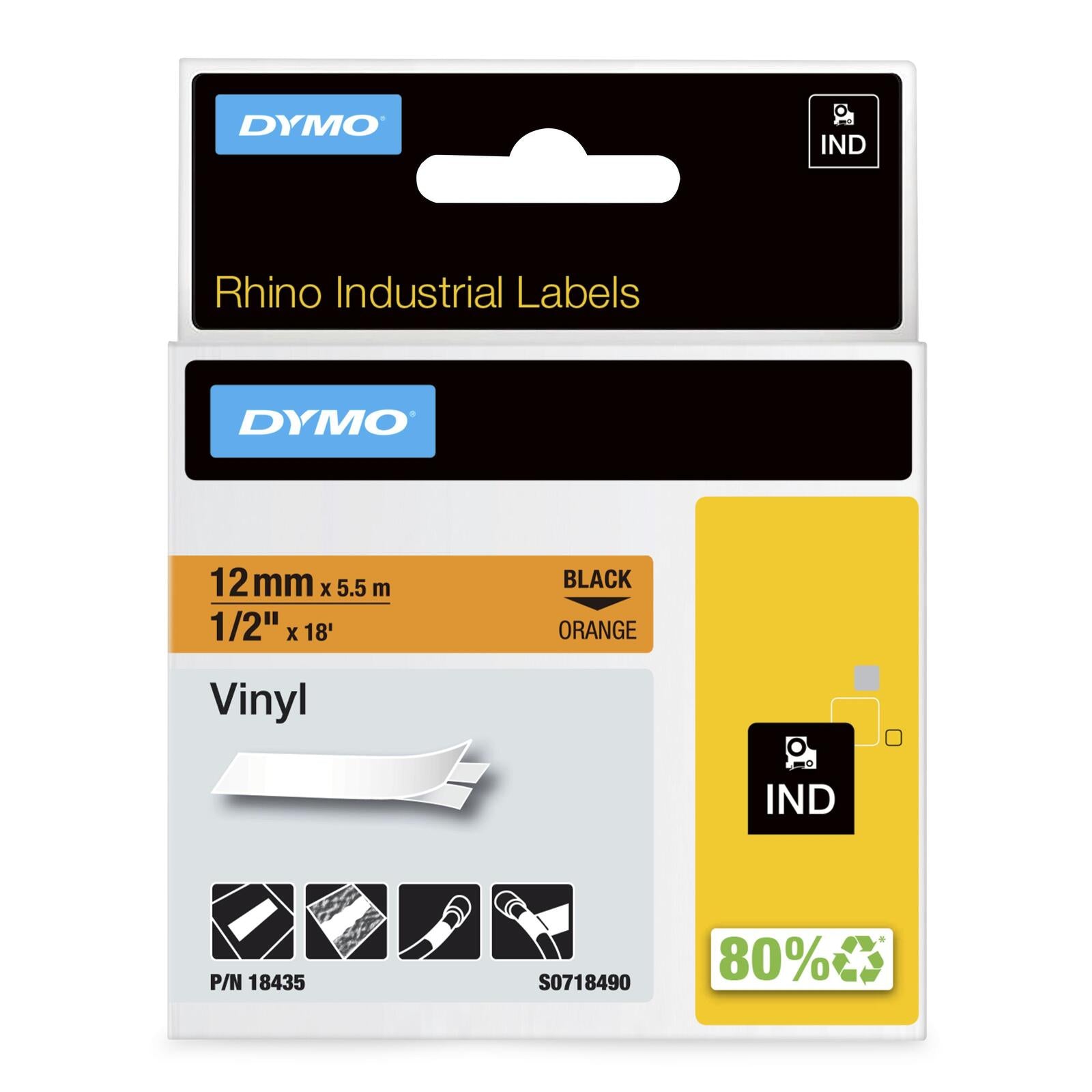 DYMO® Original IND-Schriftband für Rhino, farbiges Vinyl - schwarz auf orange
