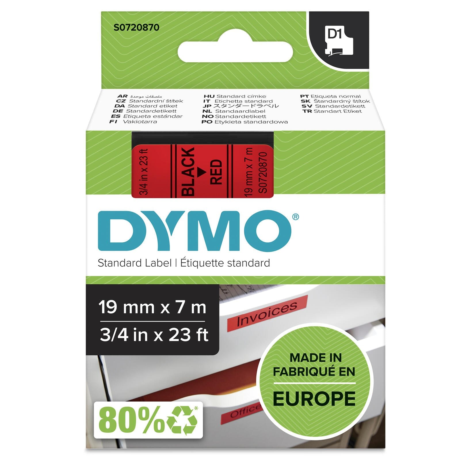 DYMO® Original D1-Schriftband für LabelManager™ 19mm x 7m - Polyester, wieder ablösbar - schwarz auf rot