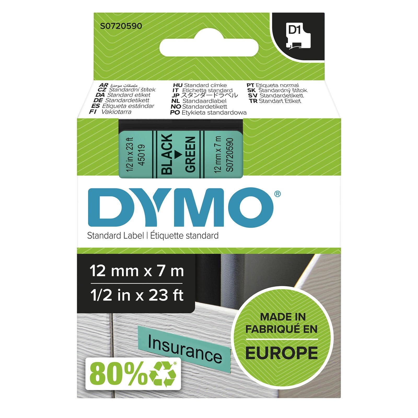 DYMO® Original D1-Schriftband für LabelManager™ 12mm x 7m - Polyester, wieder ablösbar - schwarz auf grün